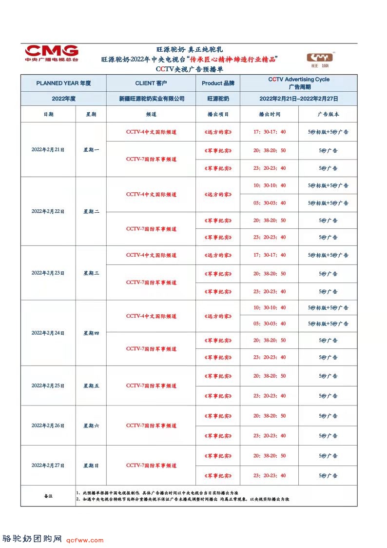 旺源驼奶2022年2月21-27日央视广告预播单时间表